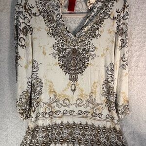 Christina Embellished Boho Tunic Top Beaded Neckline Cream Brown Women’s Size
